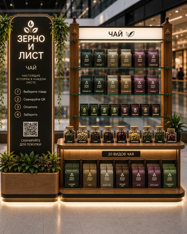 Чайный отдел «Зерно и Лист» с витриной и чайными коллекциями